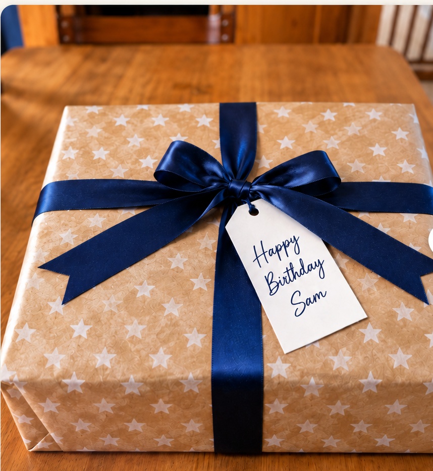 Wrapped birthday present for Sam
